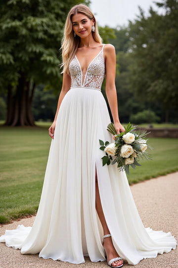 Chiffon Ivory Appliques Deep V Neck A Line Wedding Dress